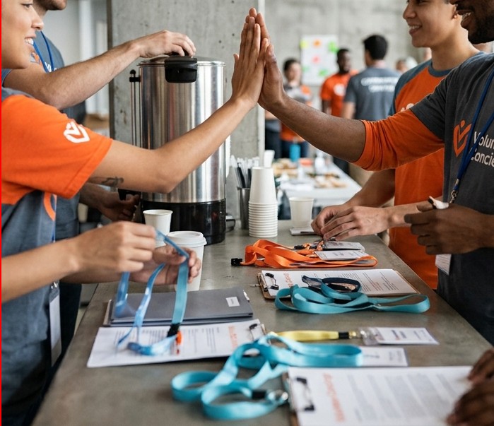 Volunteers celebrating with a high-five during community event check-in